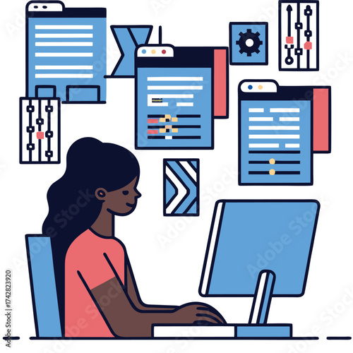 Young African woman sitting at desk uses a computer amid floating panels