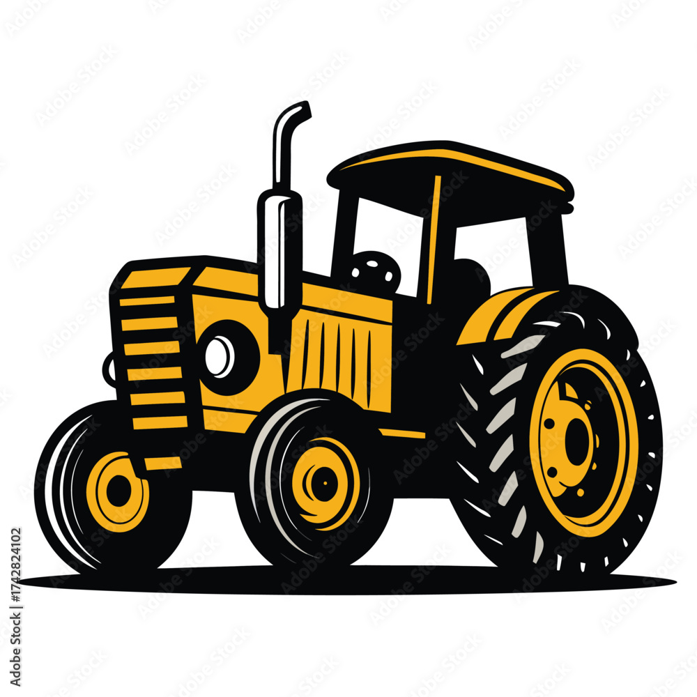 Fototapeta premium Cartoon styled yellow tractor showing heavy treaded wheels on an isolated white backdrop