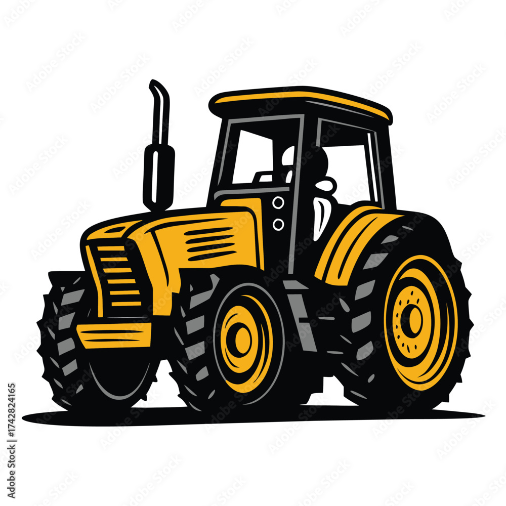 Fototapeta premium Cartoonish yellow and black tractor with thick tires sits isolated on a white background