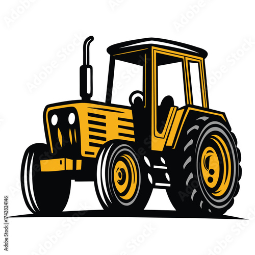 Stylized yellow tractor showcases sturdy wheels and a boxy structure, rendered in highcontrast black outlines