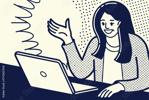 Smiling brunette woman explains next to the laptop in a modern line drawing