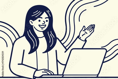 Smiling woman is presenting information while looking at her laptop screen intently