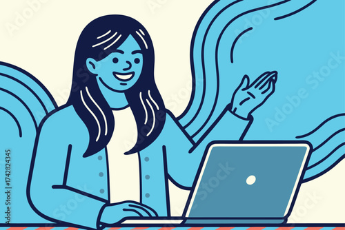 Happy Asian woman works at her laptop with flowing patterns behind her