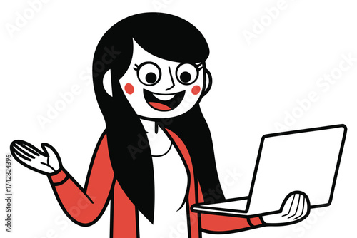 Cheerful woman with black hair presenting and gesturing while holding a laptop device