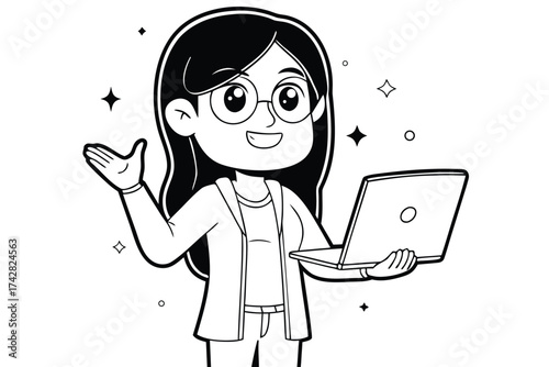 Smiling cartoon woman with glasses holding a laptop and waving her hand