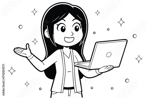 Smiling cartoon woman holding laptop with outstretched arm, surrounded by stars and circles
