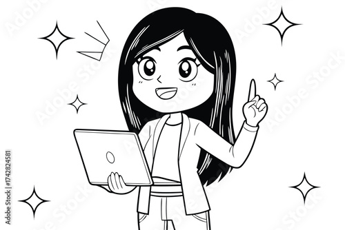 Smiling Asian girl holds a tablet while raising her index finger amidst sparkling elements