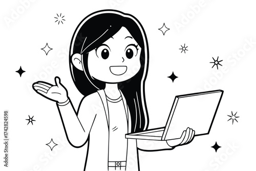 Smiling young woman holds a laptop and presents with stars around her in monochrome