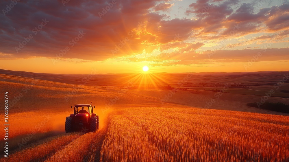 Fototapeta premium Tractor on golden field at sunset