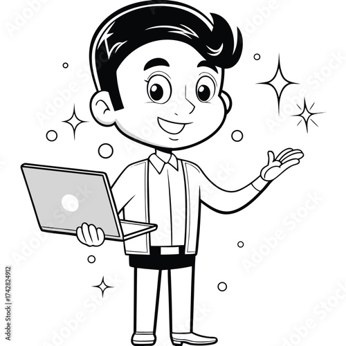 Young boy holding laptop presents with sparkling gesture in a monochrome outline appearance