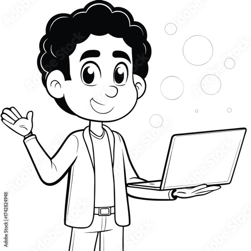 Cheerful cartoon boy holds laptop in one hand while waving with the other