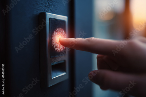  fingerprint lock: cyber secure,  network protection, cyber services, close up of human finger pressing fingerprint scanner on digital door