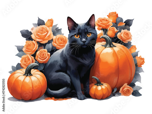 Black cat with pumpkin and orange roses a magical halloween scene of mystery in watercolor style convert to vector
