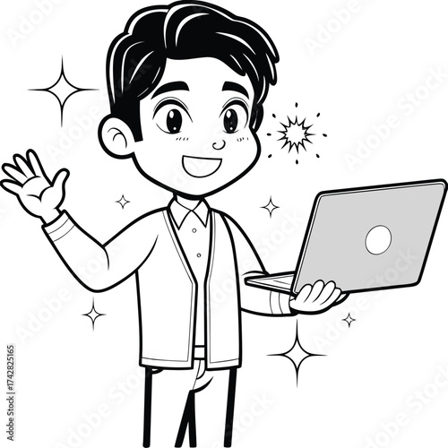Smiling Asian guy holding a laptop computer and waving his hand near sparkles