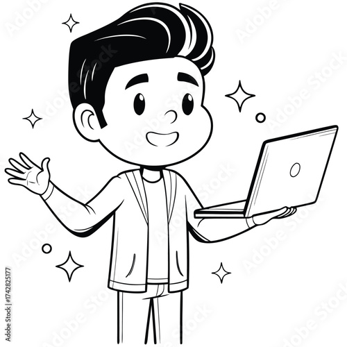 Cheerful cartoon boy presents a laptop in hand surrounded by glimmering stars around him