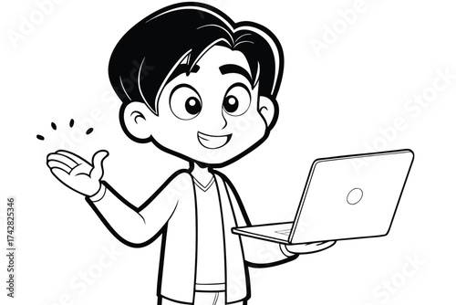 Smiling cartoon boy presents something with open hand while holding laptop on the other