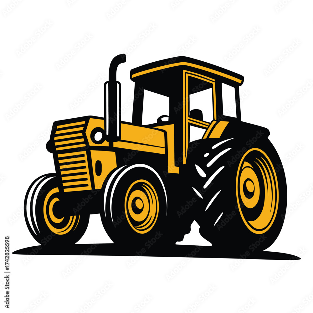 Fototapeta premium Black and yellow tractor illustration features large tires and a classic cab design