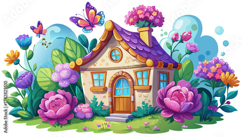 Cute French floral cottage with lavender garden, pink peonies, and fluttering butterflies, vibrant spring colors, fantasy vector design, clean white background for decorative artwork.