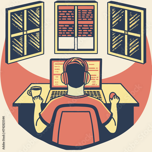 Rear view of male figure working on laptop at desk near open windows