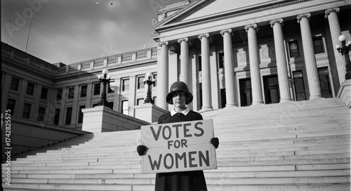 Historic feminist milestone: woman advocating for women's suffrage on government steps