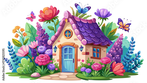 Cute French floral cottage with lavender garden, pink peonies, and fluttering butterflies, vibrant spring colors, fantasy vector design, clean white background for decorative artwork.