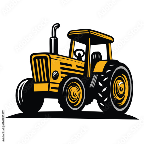 The bold yellow tractor with black accents stands firmly on the ground displaying retro charm