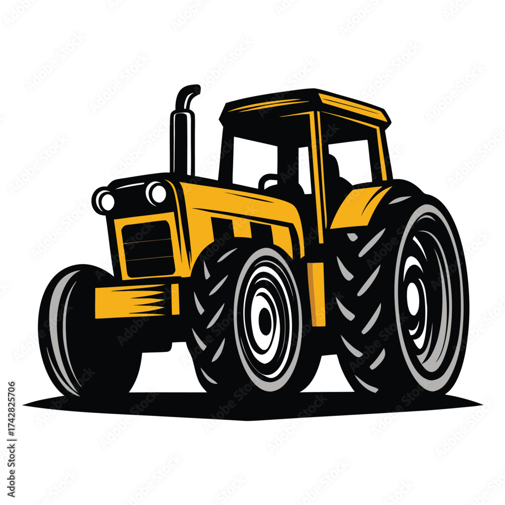 Fototapeta premium Cartoon yellow tractor with massive tires is boldly rendered on a white backdrop