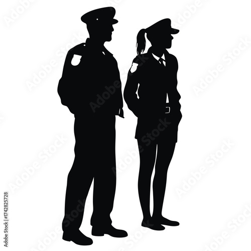 Male and female security officers in uniform are standing side by side attentively