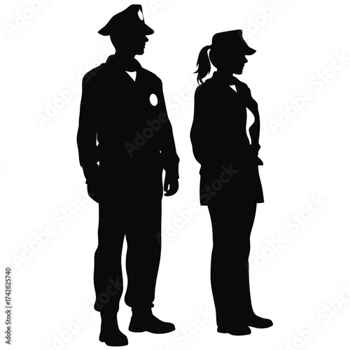 Silhouetted police officers, a man and a woman, stand facing forward wearing uniform and hats
