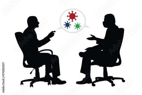Silhouette of two adult men discussing a virus inside a speech bubble while seated