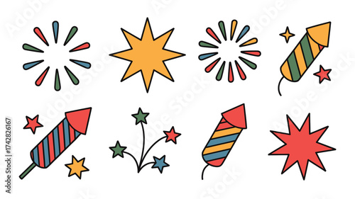Set of firework icons vector illustration in cartoon style design elements for festive events and celebrations