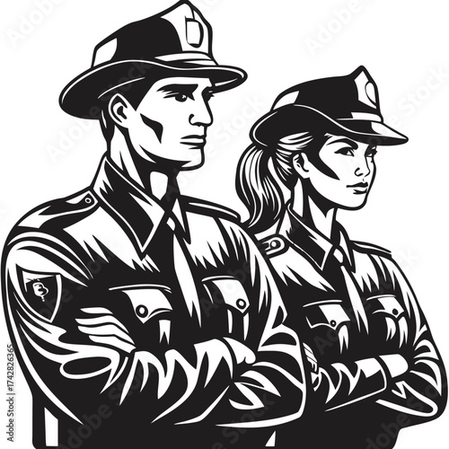 Silhouetted police officers, a man and a woman, stand facing forward wearing uniform and hats