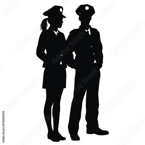 Silhouetted police officers, a man and a woman, stand facing forward wearing uniform and hats