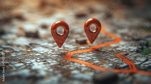 Two orange map pins hover over a city map, a path connecting them