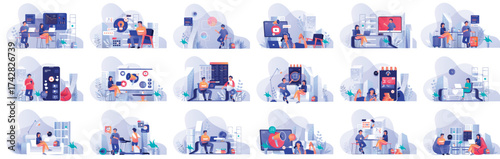 Mega set flat design concept business, marketing, shopping, banking, analysis, social network with people character situations. Bundle of different scenes. Collection vector illustrations.