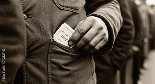 African male hand holding ration ticket in pocket