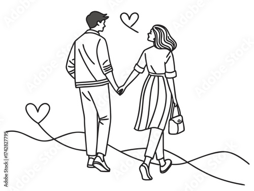 Continuous line couple holding hands, minimalist romantic illustration, modern Valentine’s Day 2026 vector design for greeting cards, wedding love posters, and wall art.
