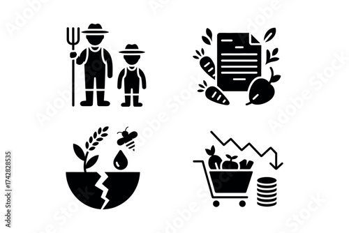 Vector art of set of four black glyph icons representing farming, including farmers, crops, and economic challenges