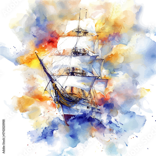 Ship, watercolor painting vector, isolated on a white background.