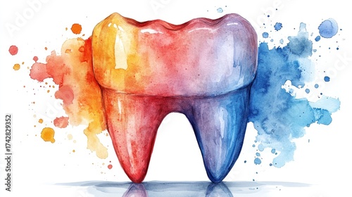 Watercolor illustration of a tooth, vibrant colors