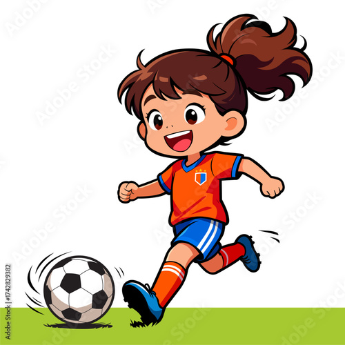 girl kicking soccer ball cartoon style