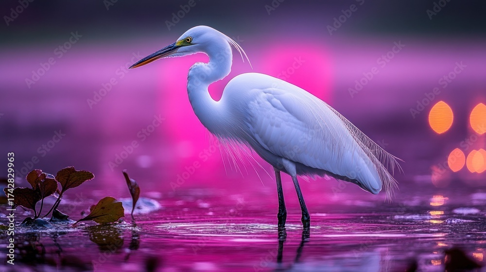 Fototapeta premium White egret in vibrant pink sunset