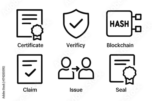 Certificate verification blockchain hash claim issue seal icons