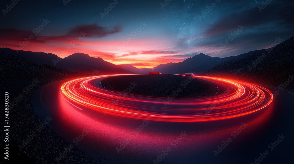 Fototapeta premium Winding road at sunset, with light trails