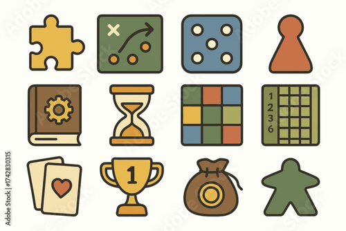 Board game icons: strategy, puzzle, cards, trophy, timer, tokens, meeple