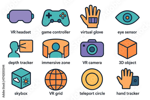 Vr headset icons: game controller, virtual glove, eye sensor, 3d object