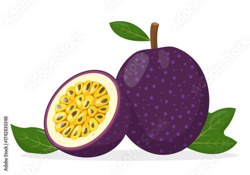 Passion fruit. Whole passion fruit with leaf and half. Organic tropical exotic fresh fruit food. Vector illustration isolated on white background.