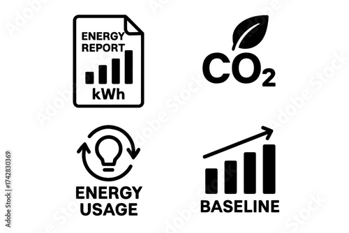 Energy report icons: kwh, co2, usage, baseline graphs for efficiency