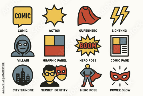 Colorful superhero comic elements featuring symbols and characters