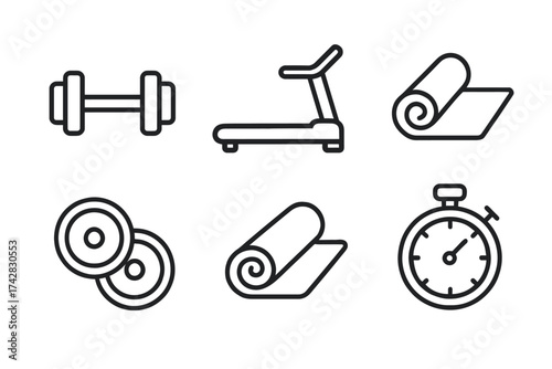 Home gym equipment icons: dumbbell, treadmill, yoga mat, weights, stopwatch